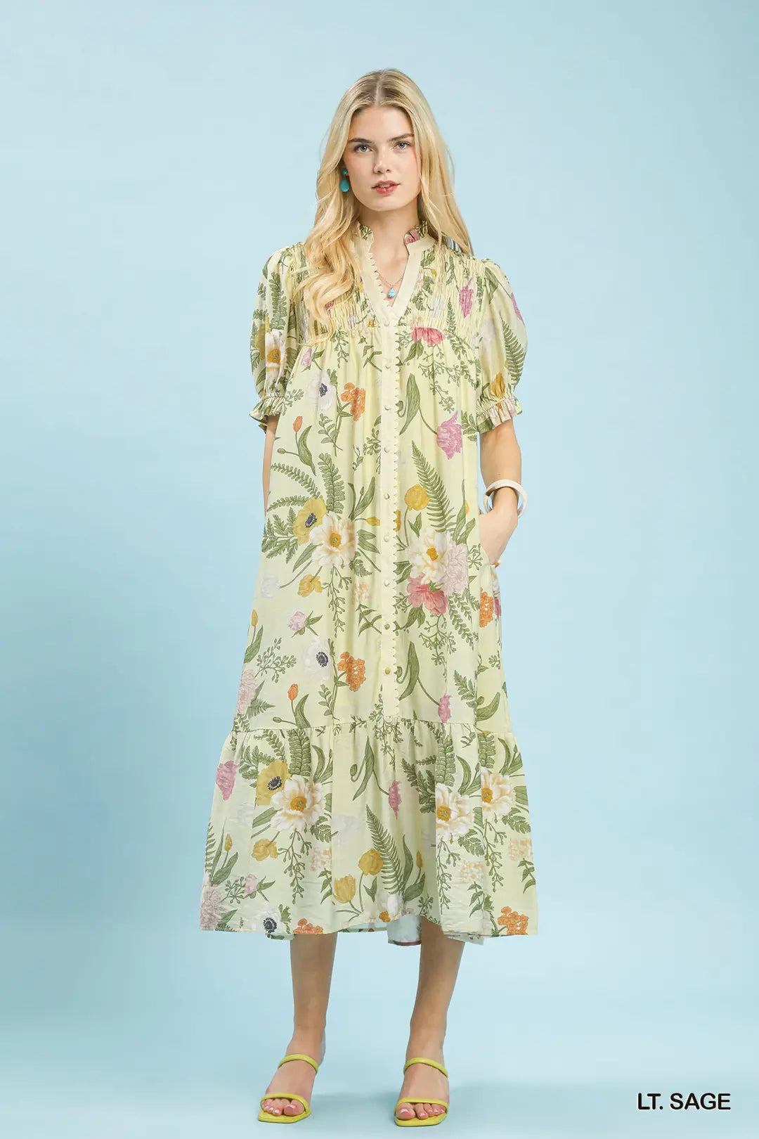 Floral Smocked Button-Front Midi Dress