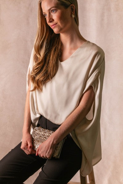 Satin Solid V-Neck Front Waist Elastic Flowy Top
